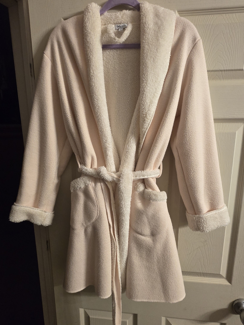 Splendid Plush Hooded Robe in Light Cream with Sherpa Trim
